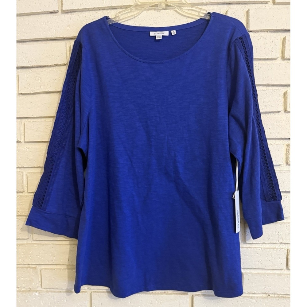 Chicos 3 Blouse Blue, Lace 3/4 Sleeve Soft Knit Casual Relaxed Fit Shirt XL NEW
